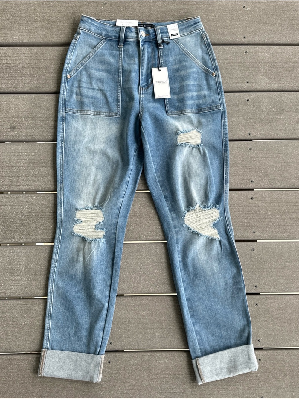 Judy Blue Size 9/29 Boyfriend Fit Jeans Medium Wash Denim Distressed Patch Pkts
